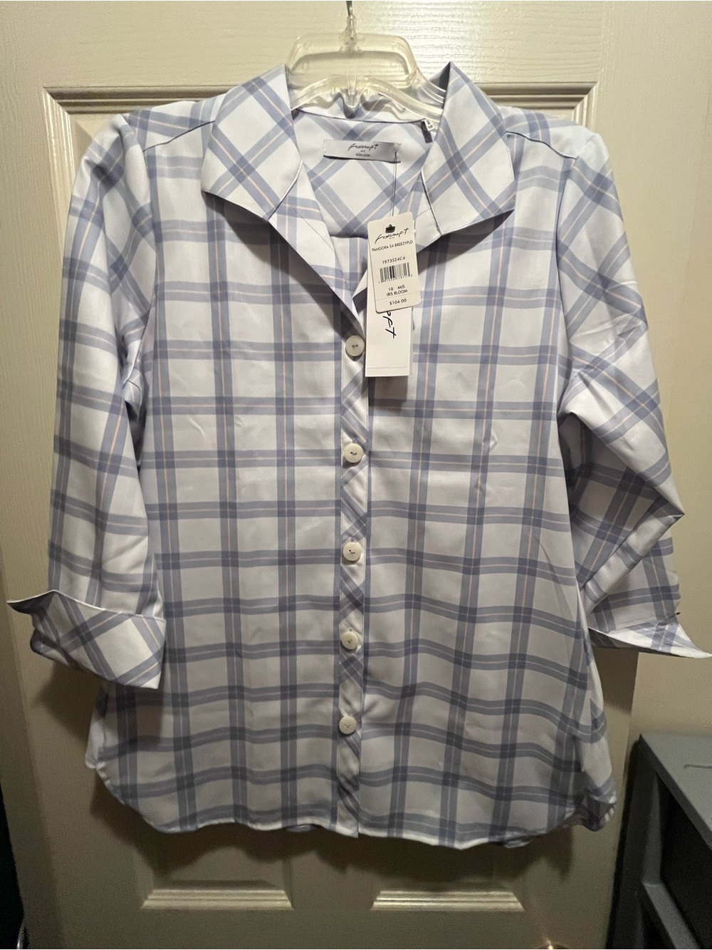 Foxcroft Women's 10 Blue White Plaid Woven Non-Iron Collared 3/4 Button-Up